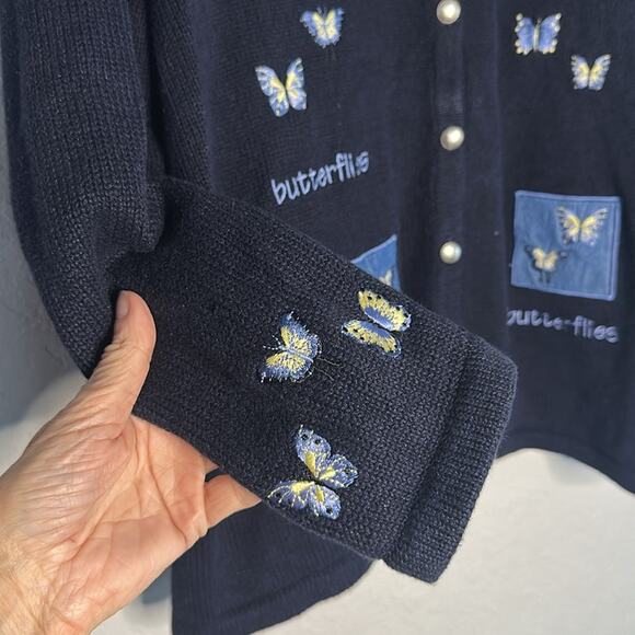 Vintage CJ Banks Butterfly Embroidered Cardigan Sweater Navy Blue Y2K Teacher - Picture 3 of 9